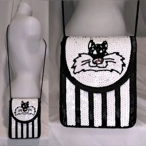 Vintage Whitall & Shon Sylvester The Cat Black Beaded Purse Crossbody Bag
